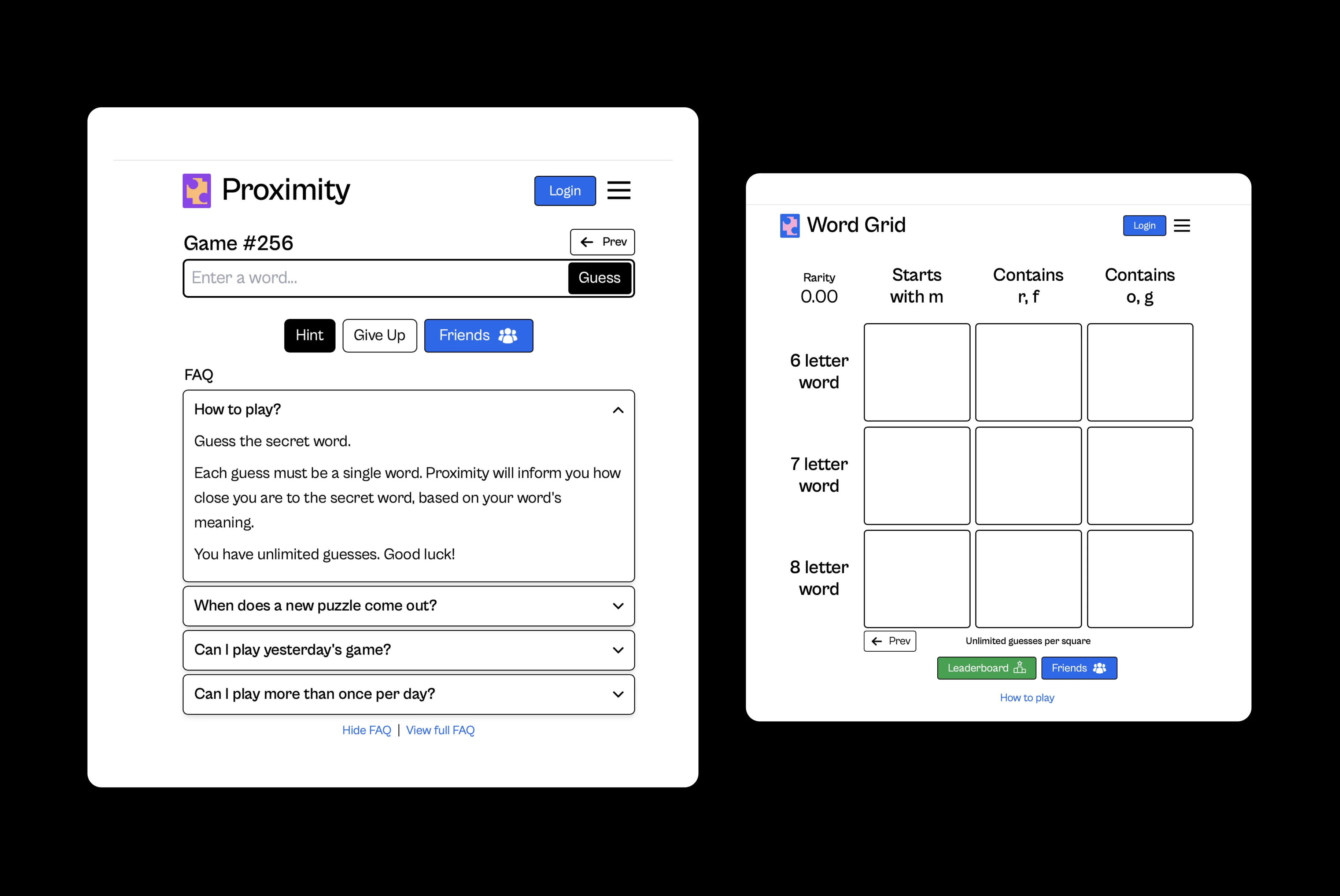 Proximity and Word Grid game interfaces