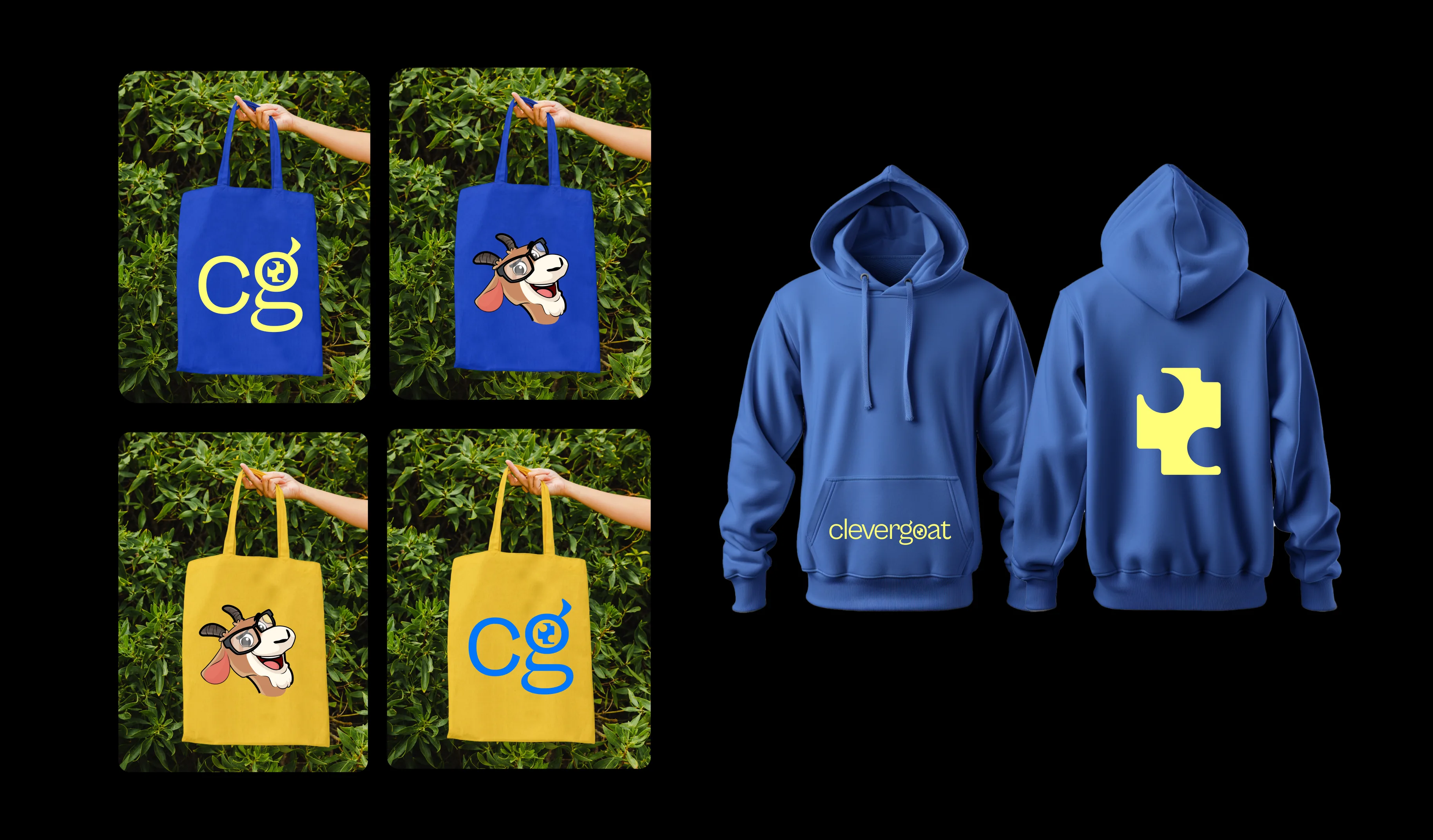 CleverGoat tote bags and hoodies