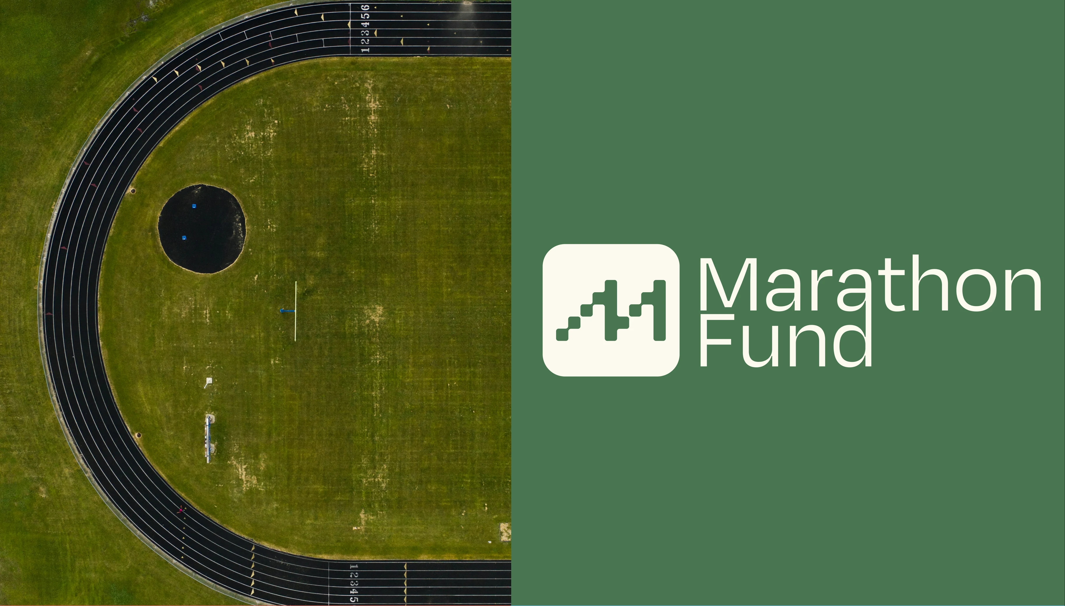 Aerial running track and the Marathon Fund logo