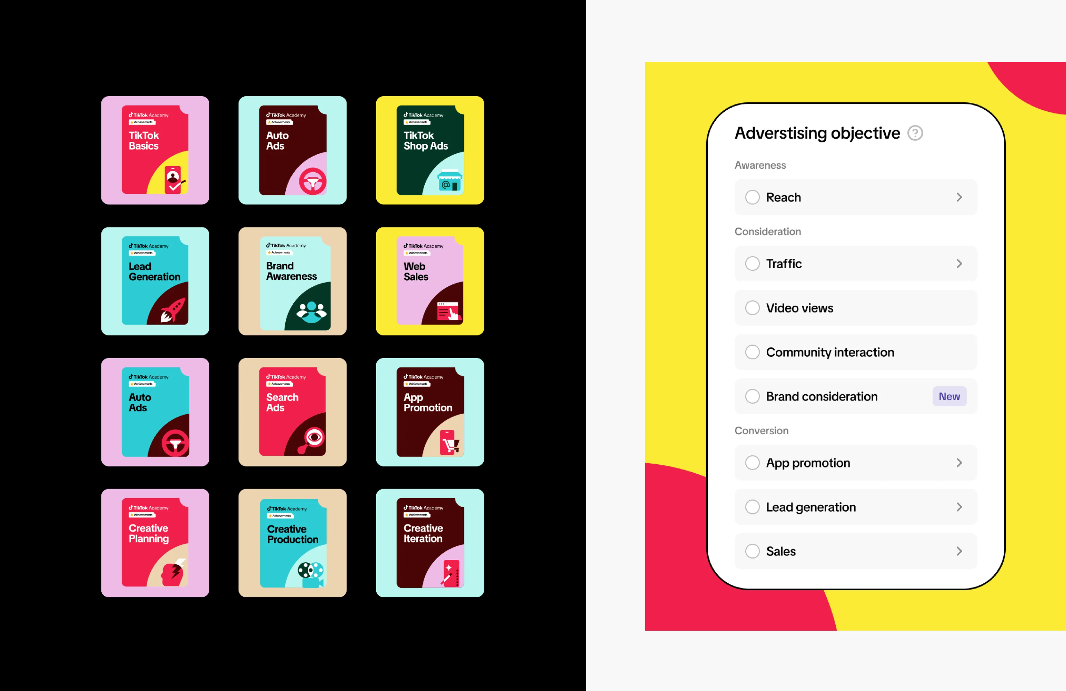 TikTok Academy course catalog and advertising objectives